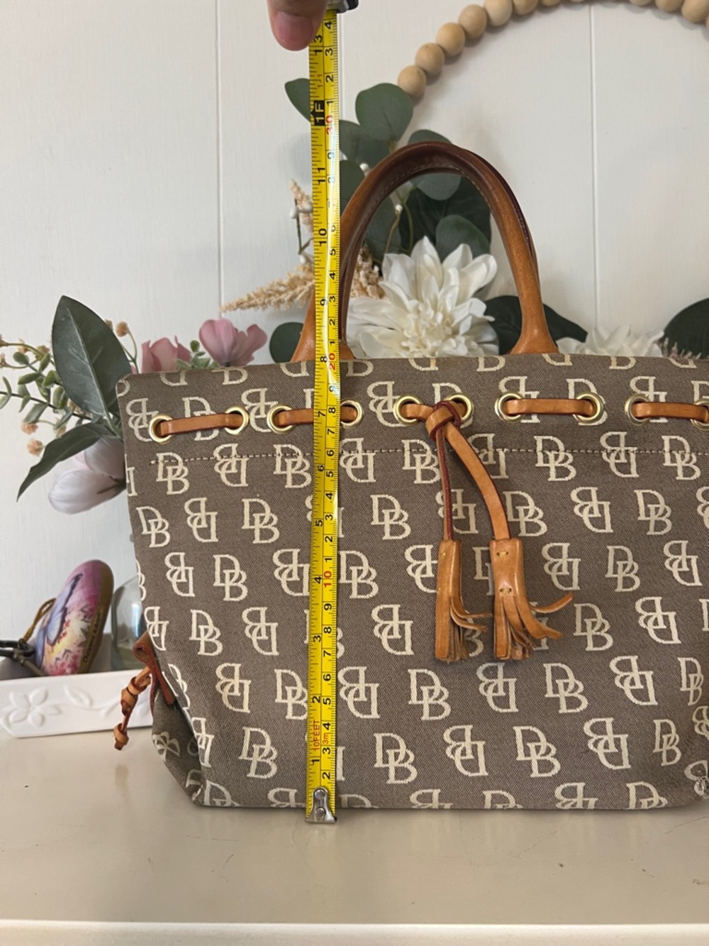 Dooney & Bourke Vintage Monogram Drawstring Bucket Tote with Leather Trim - Picture 15 of 15